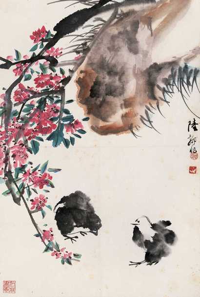 陆抑非 桃花双鸡 立轴